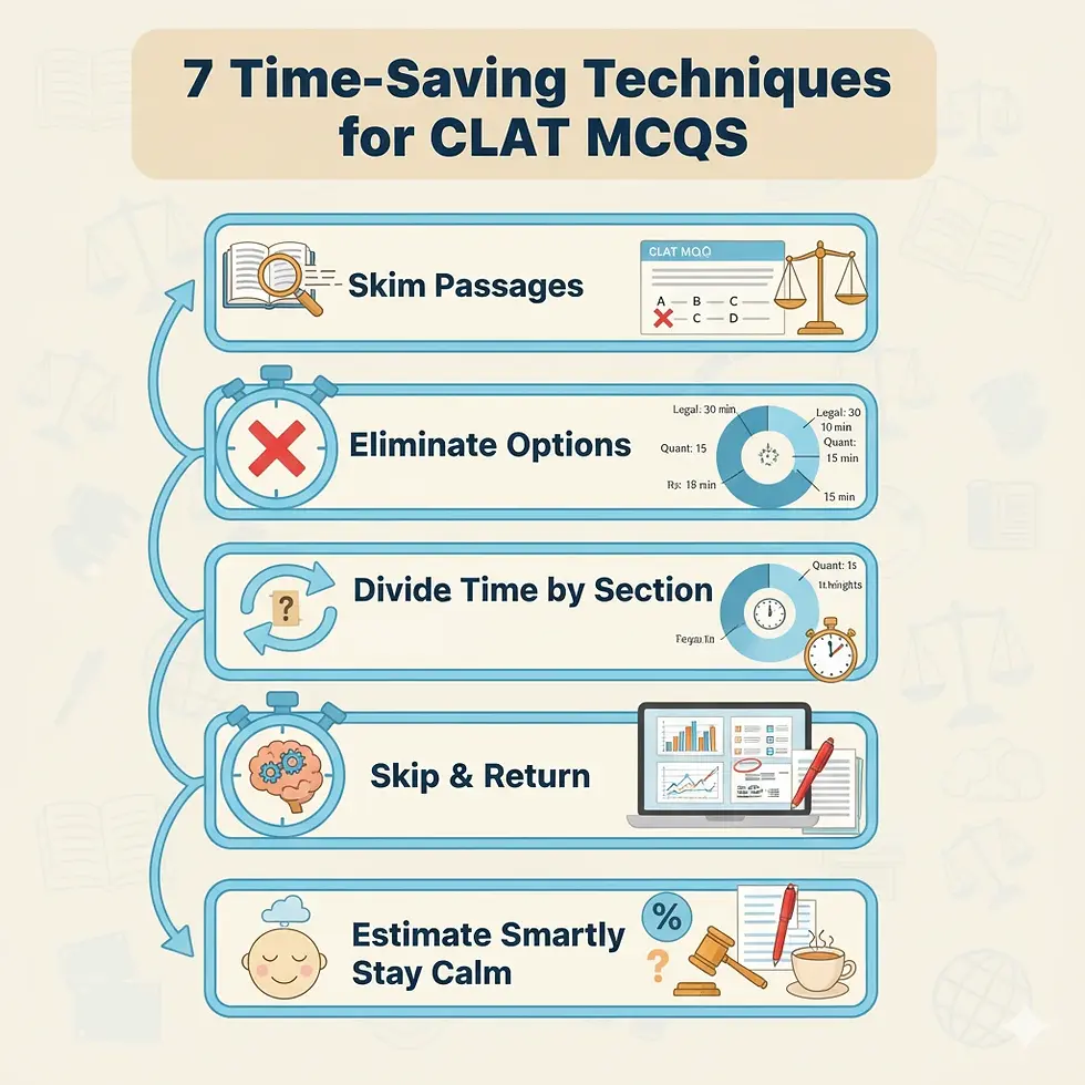 Infographic showing seven time-saving techniques for solving CLAT MCQs with clocks, scales, and books.