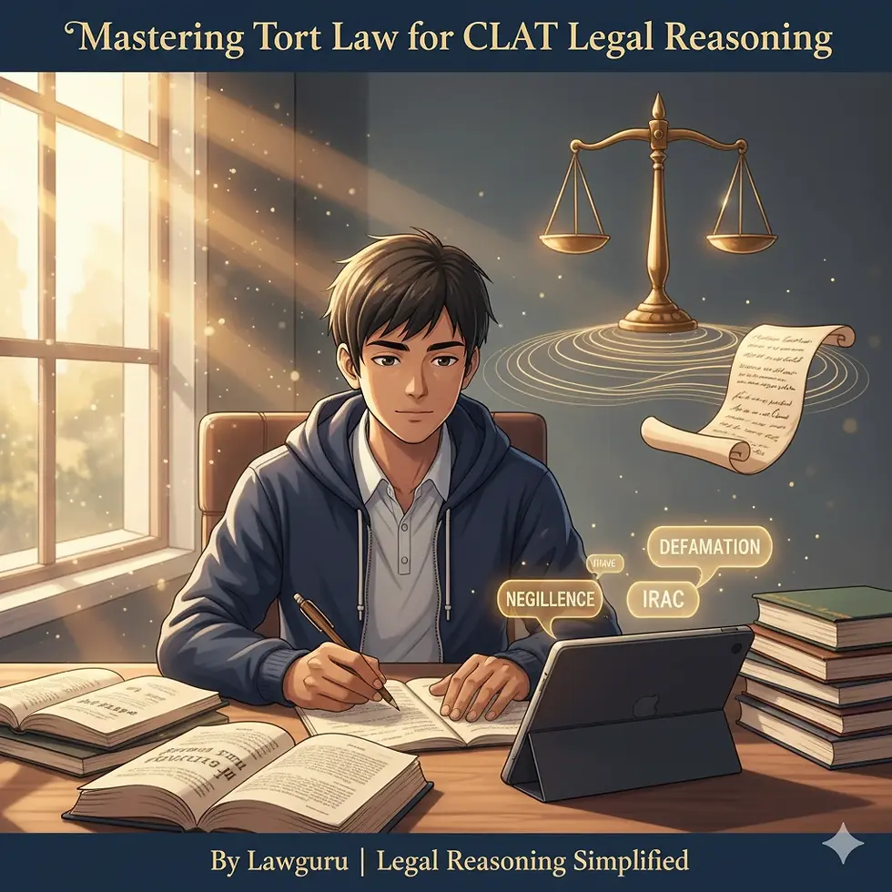 Semi-realistic, anime-inspired academic illustration titled 'Mastering Tort Law for CLAT Legal Reasoning.' It shows a focused law student studying at a sunlit wooden desk surrounded by open books and a tablet displaying legal terms like 'Negligence,' 'Defamation,' and 'IRAC.' Symbolic elements, including a glowing scale of justice and a scroll, float in the background. The text 'By Lawguru | Legal Reasoning Simplified' is at the bottom.