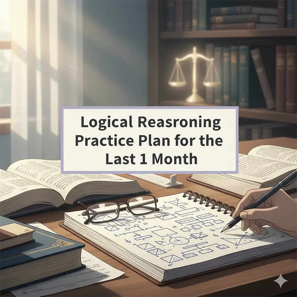 Cartoon illustration of students solving logical reasoning questions with clocks and books for CLAT preparation.