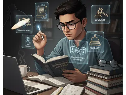 Young Indian law student studying Constitutional Law with holographic icons representing Preamble, Fundamental Rights, Directive Principles of State Policy, and Judiciary floating around them