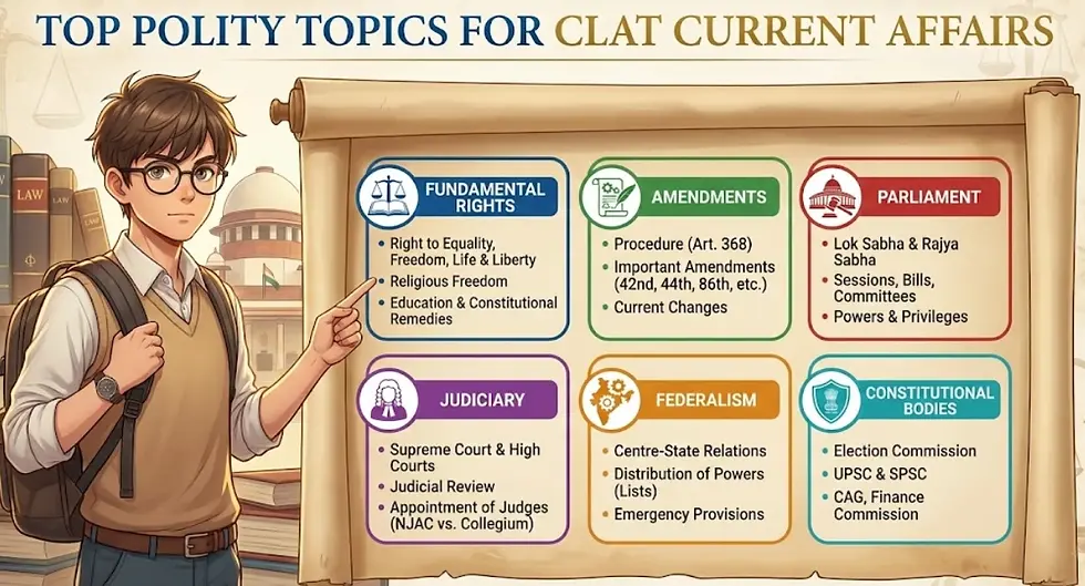 Infographic outlining top polity topics for CLAT including fundamental rights, amendments, judiciary, parliament and federalism.