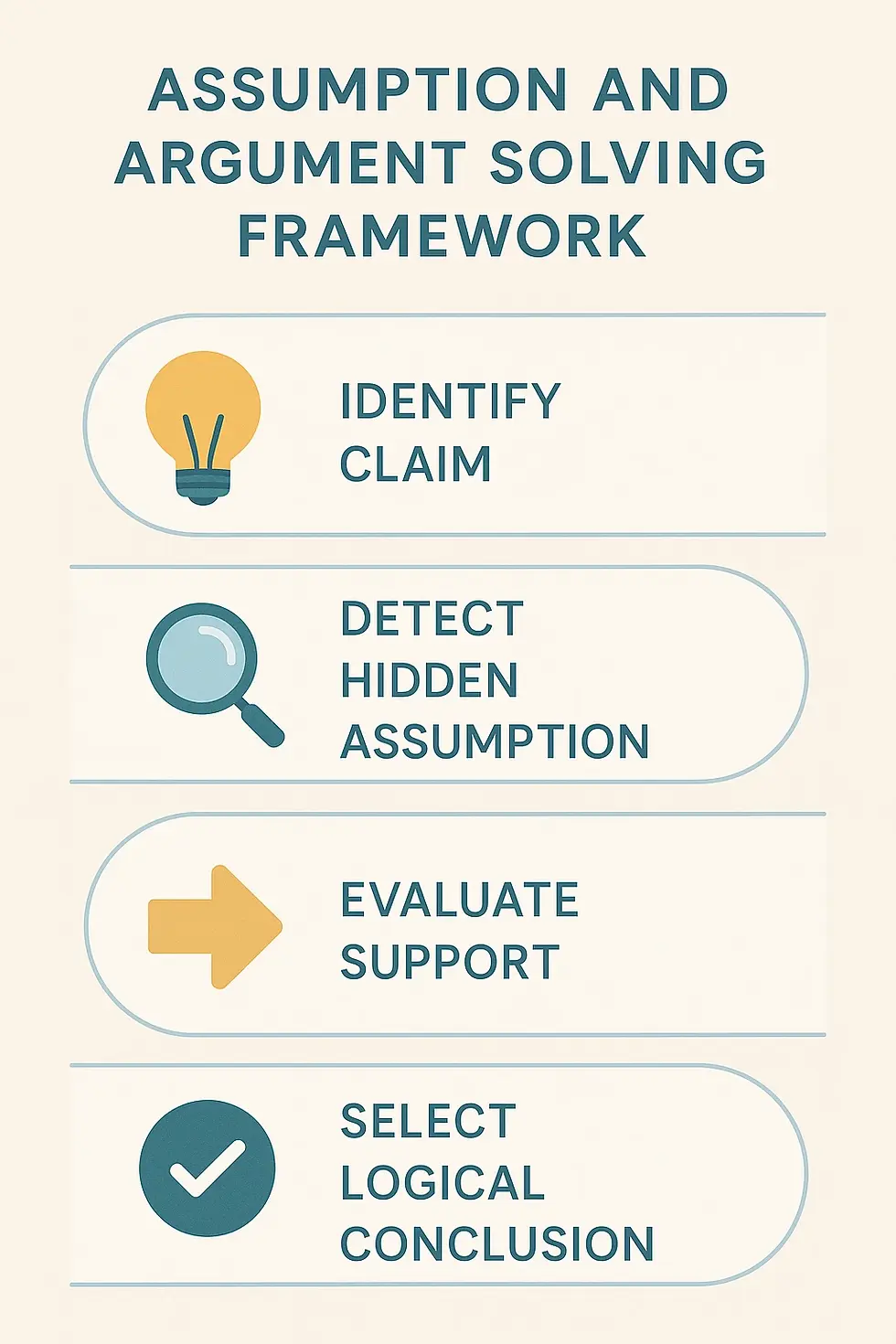 Infographic explaining the step by step process for solving assumption and argument questions, including identifying claims, detecting assumptions, evaluating arguments, and selecting conclusions.
