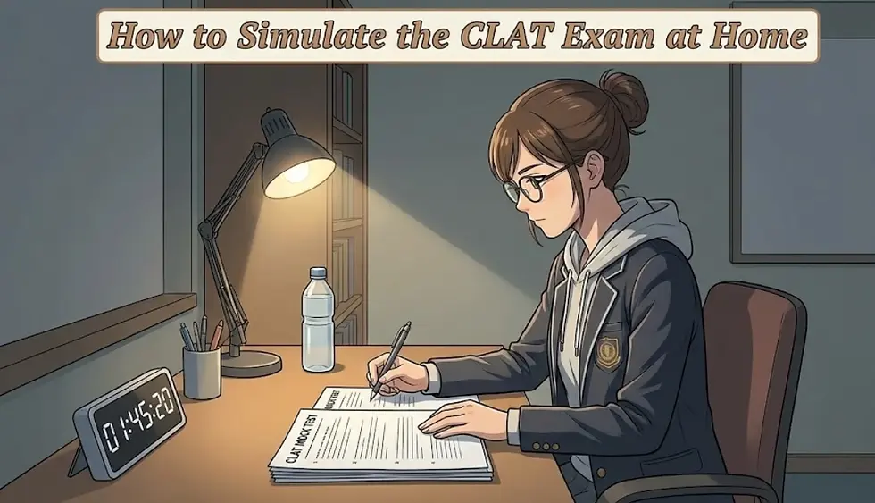 Law aspirant attempting a simulated CLAT exam at home with timer, study desk and realistic exam environment.