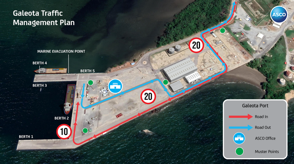 Information graphic showing a traffic plan for a supply base in Trinidad.