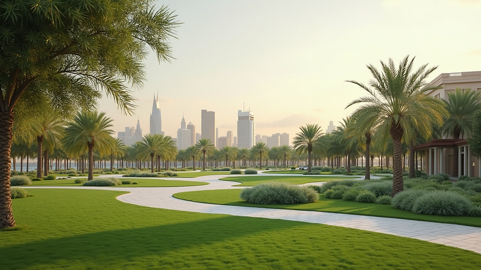 Wide angle view of a public park in a modern Saudi city