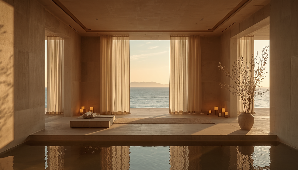 Ultra cinematic luxury wellness architectural scene, private Japanese-inspired sanctuary,