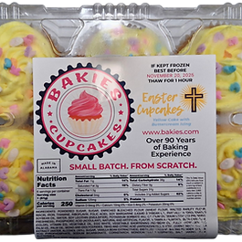 Bakies seasonal six-count Easter cupcakes with buttercream icing and colorful toppings