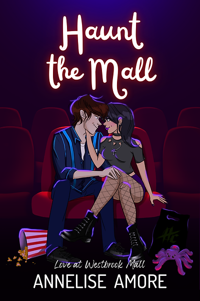 Cover for Haunt the Mall by Annelise Amore. A hot, mysterious movie theater manager caresses an eager goth girl's knee.