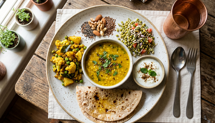 Top-down view of a balanced Indian fertility-supportive meal on a plate