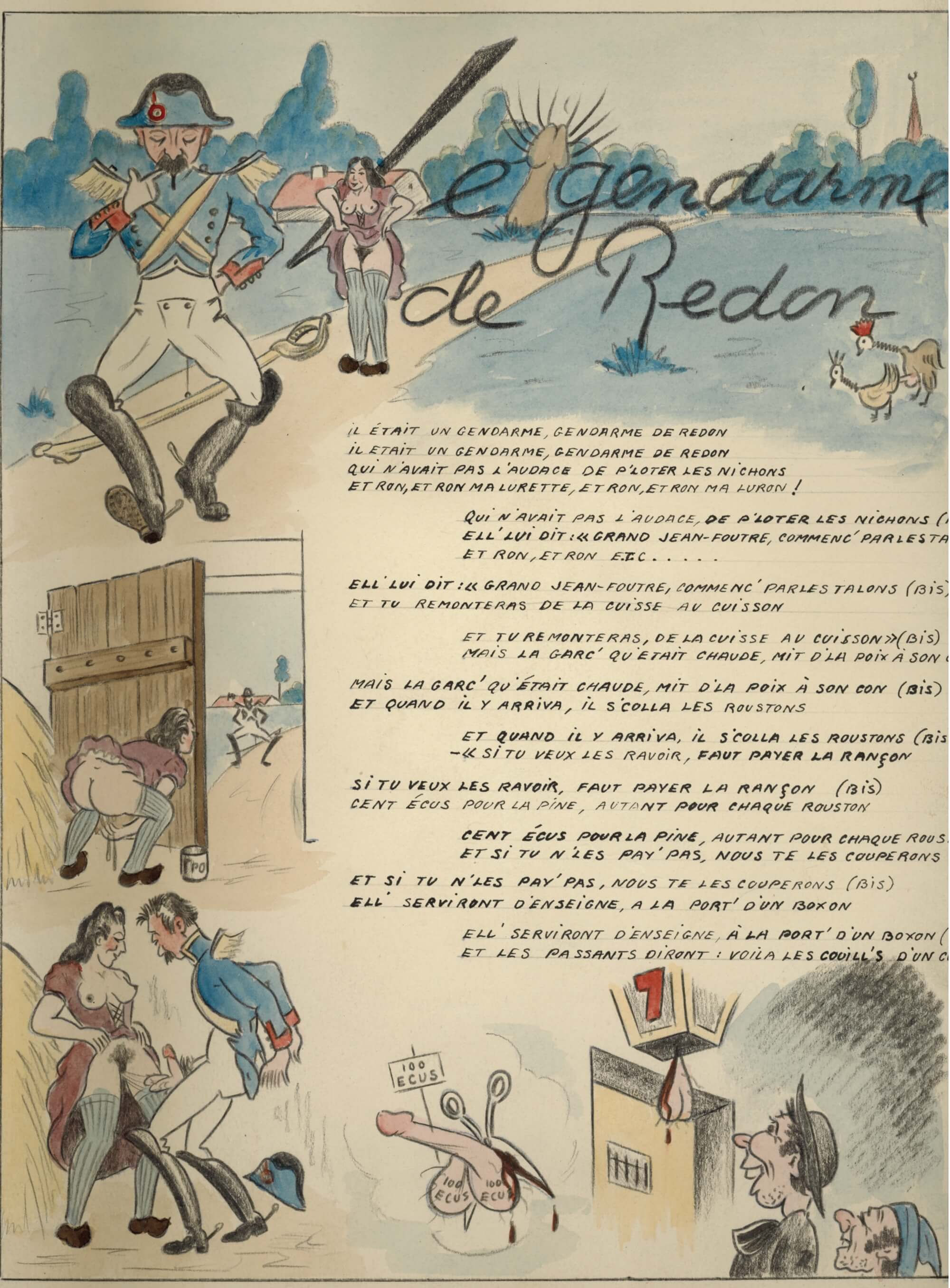 Chansons paillardes | 3 belles planches originales à l'encre, crayon, aquarelle