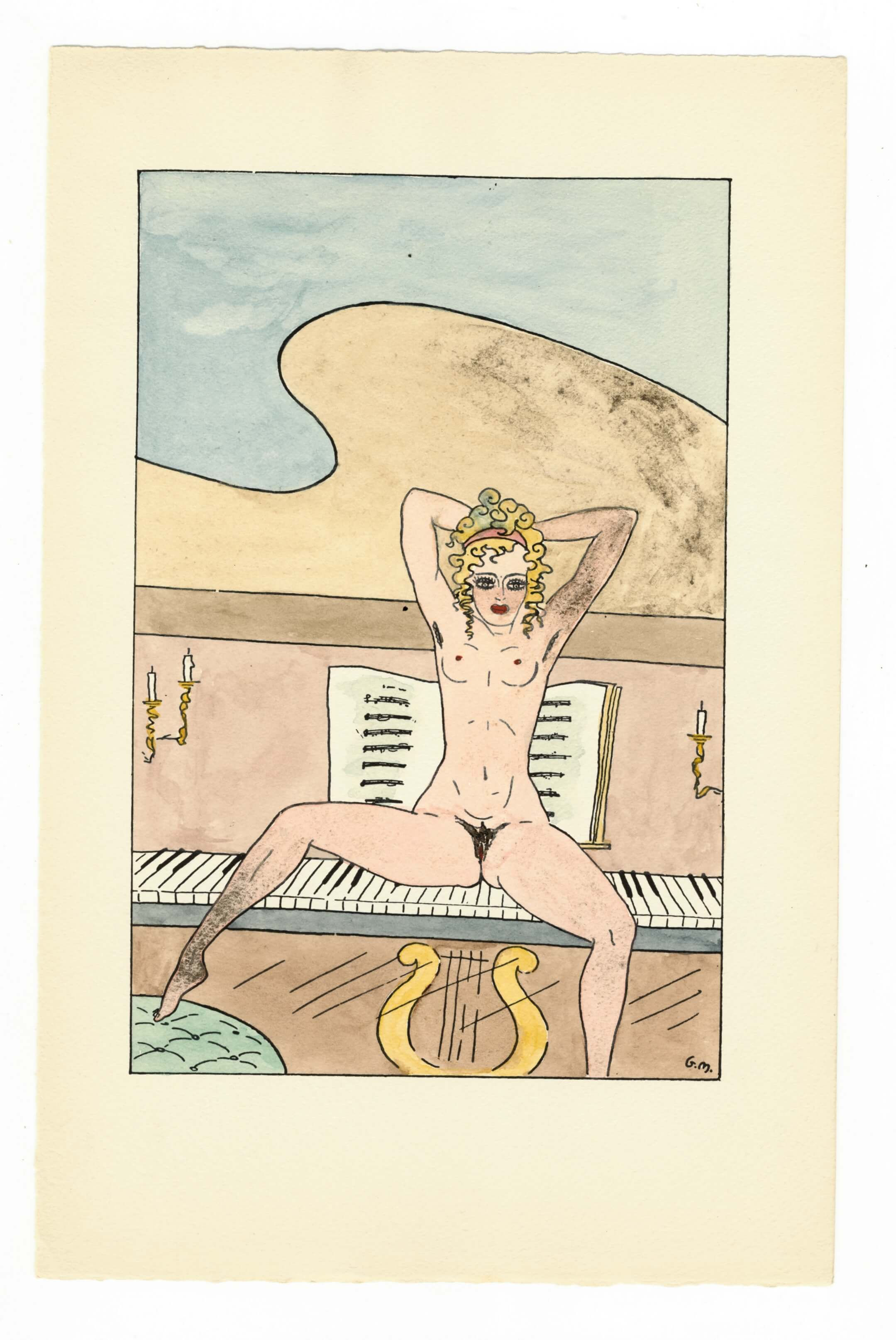 Pochoir érotique en couleurs à l'aquarelle signé G. M. (Vialetay, 1945) Rare