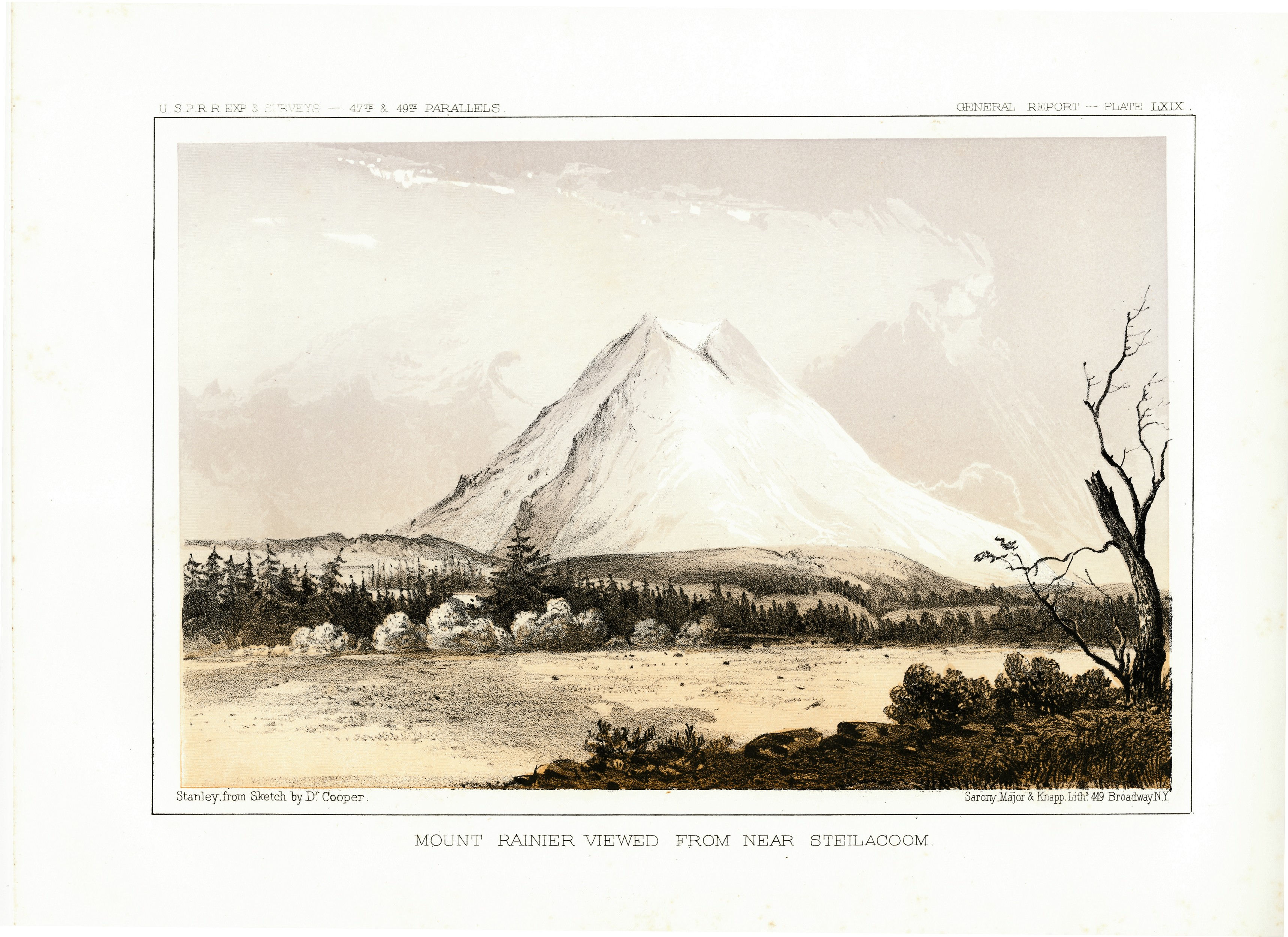 Americana | Lithographie 1860 | MOUNT RAINIER VIEWED FROM NEAR STEILACOOM