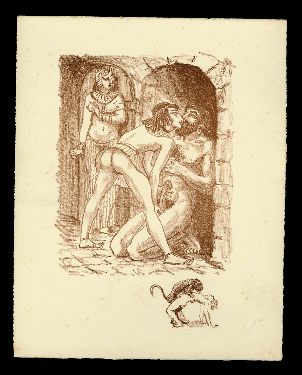 Miniature : Antiquité. 15 lithographies érotiques tirées en bistre avec remarques. Rare.