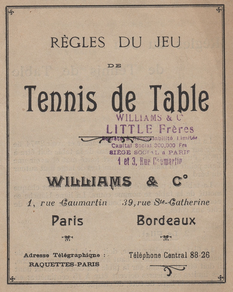 Miniature : Williams & Co. Règles du jeu de Tennis de Table (1930). Éphémère rare