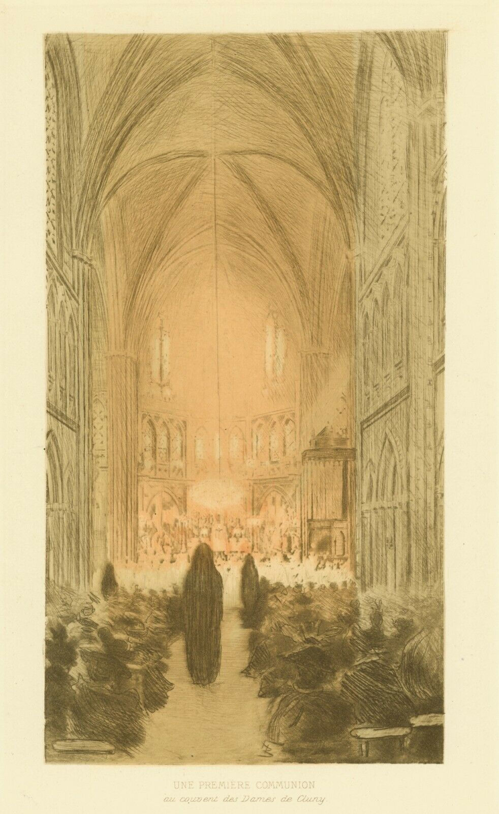 1894 HENRI BOUTET Pointe sèche COUVENT CLUNY CEREMONIE etching 1/400 ex.