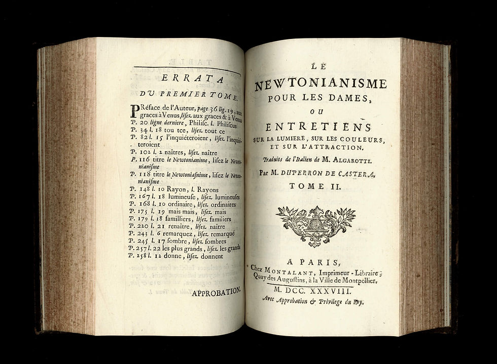 Miniature : Algarotti | Newton | Le Newtonianisme pour les Dames (1738). Bel exemplaire