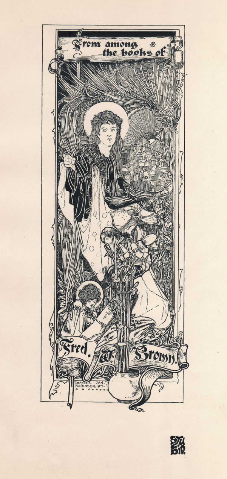 Miniature : Charles Robinson. Pour Fred W. Brown. 1898-1899. Ex Libris. Book-Plate.