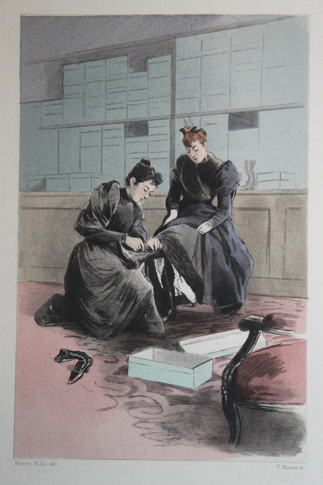 Eau-forte aquarellée demoiselle de magazin Pierre Vidal