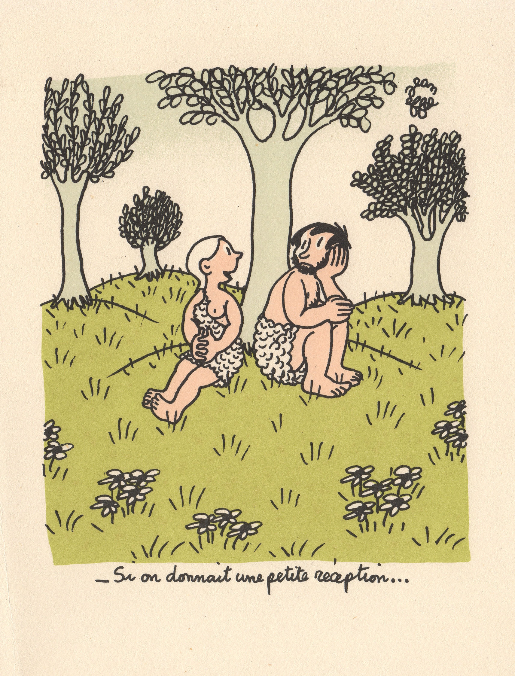 Jean Effel. Adam et Ève. Estampe en couleurs (vers 1955?)