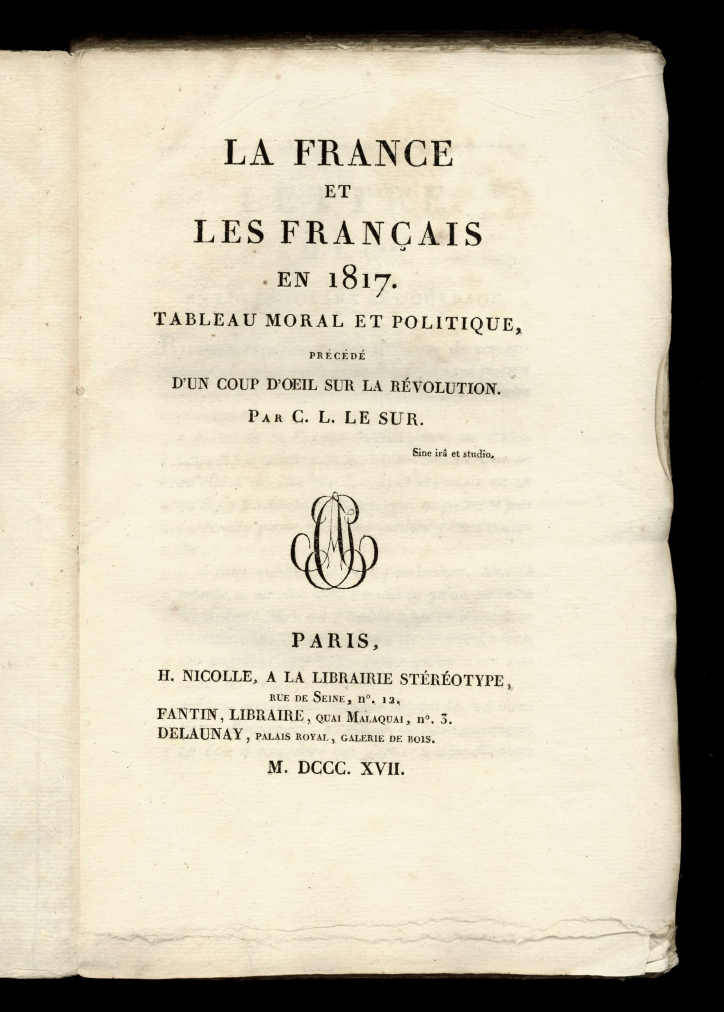 Le Sur / Lesur. La France et les français en 1817. Edition originale. Broché.