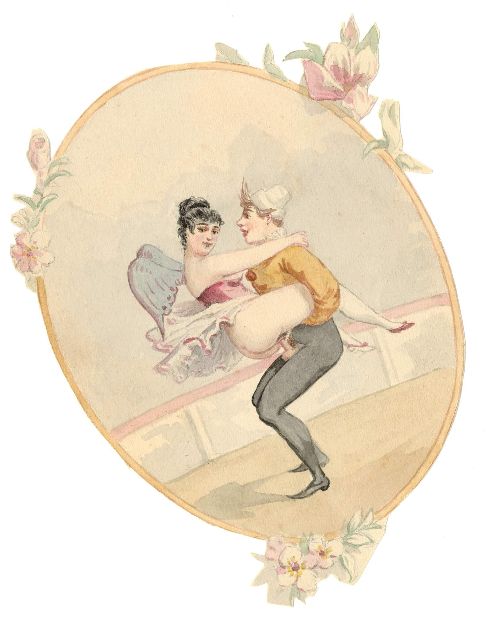 4 dessins originaux érotiques (vers1880). Découpés en médaillons. Unique.