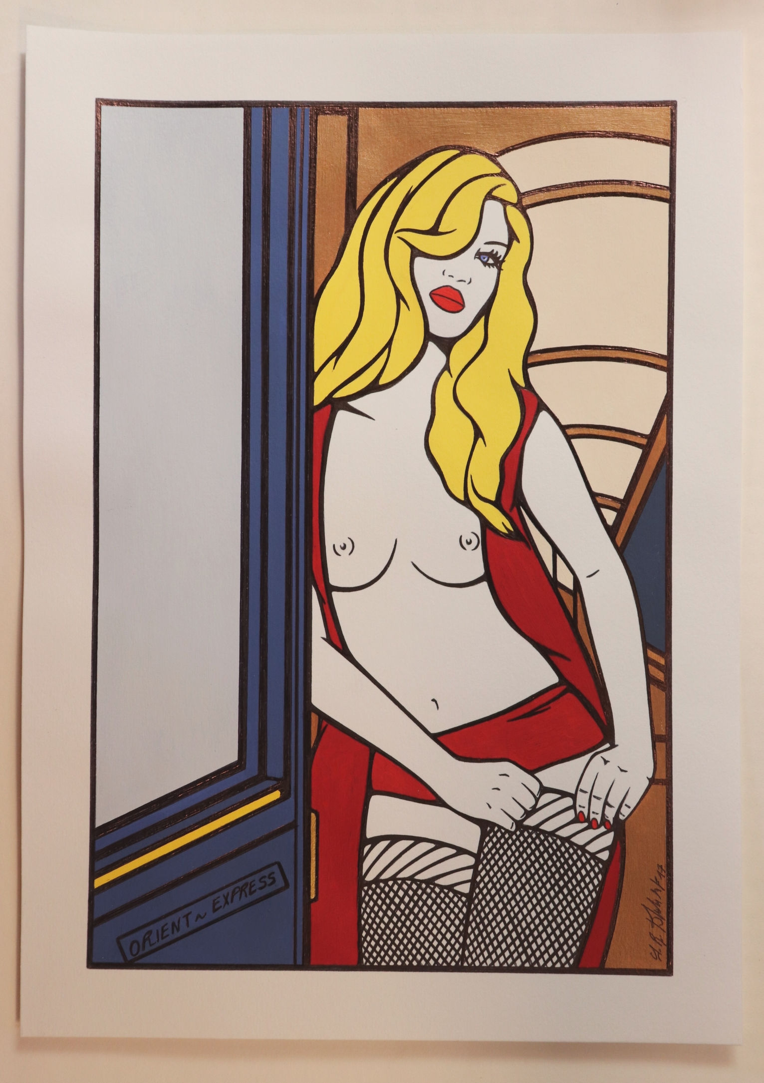 Sophie Dumont. Dessin original sexy 26,5 x 17 cm acrylique et stylo OR. EXPRESS