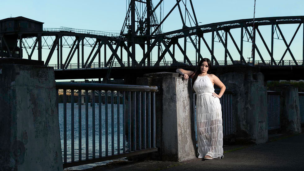 Sirenity senior portrait at Hawthorne Bridge Portland Oregon with complex architectural lines and cinematic lighting by Shayne Blaylock