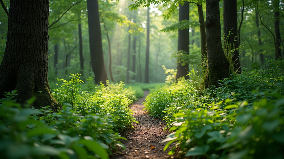 Wide angle view of a lush green forest conservation area