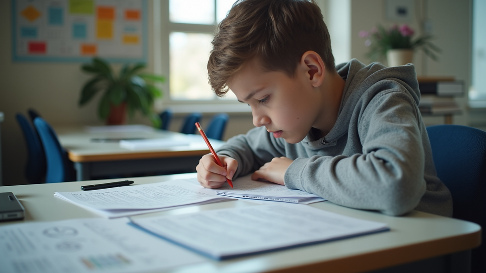 Eye-level view of a student studying IELTS materials at a desk