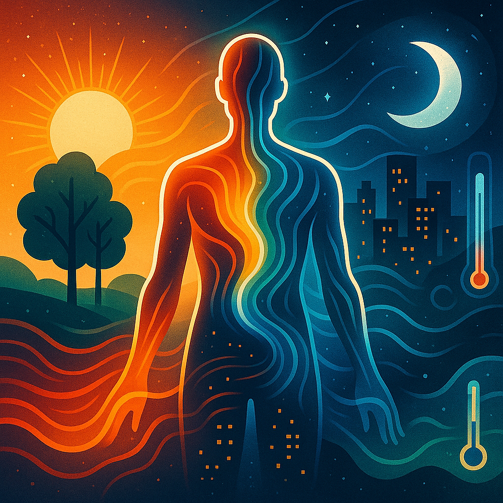 Silhouette of a person split into warm and cool colors, with sun and moon in background. Thermometers and cityscape add contrast.