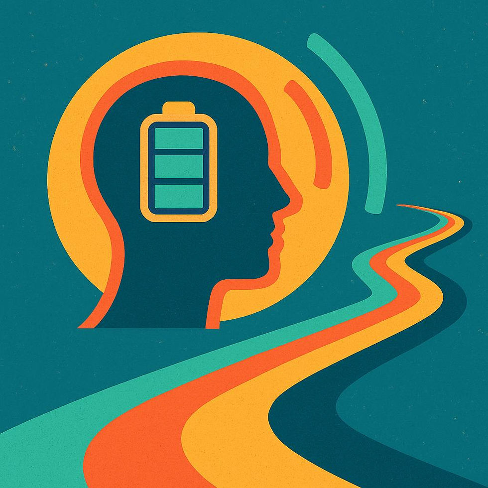 Silhouette of head with battery symbol inside, vibrant wavy path below. Teal, orange, and yellow color scheme. Tech and energy theme.