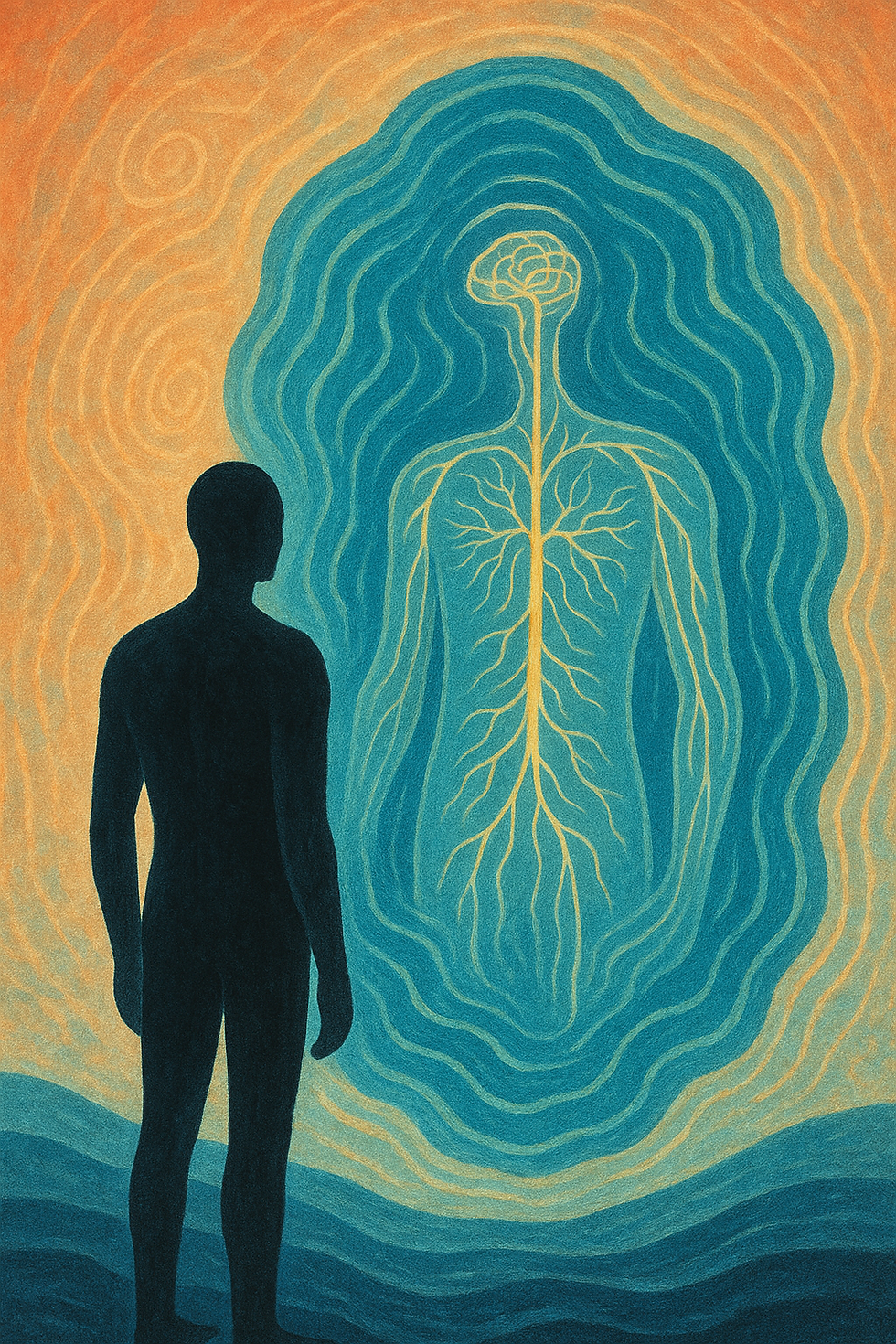 Silhouette of a person facing a glowing outline with a brain and nervous system. Blue and orange swirling background. Mysterious mood.