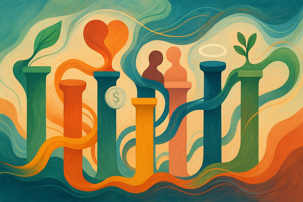 Abstract art with colorful pillars, heart, leaf, and halo. Symbols include a dollar sign. Fluid lines create a harmonious, flowing mood.