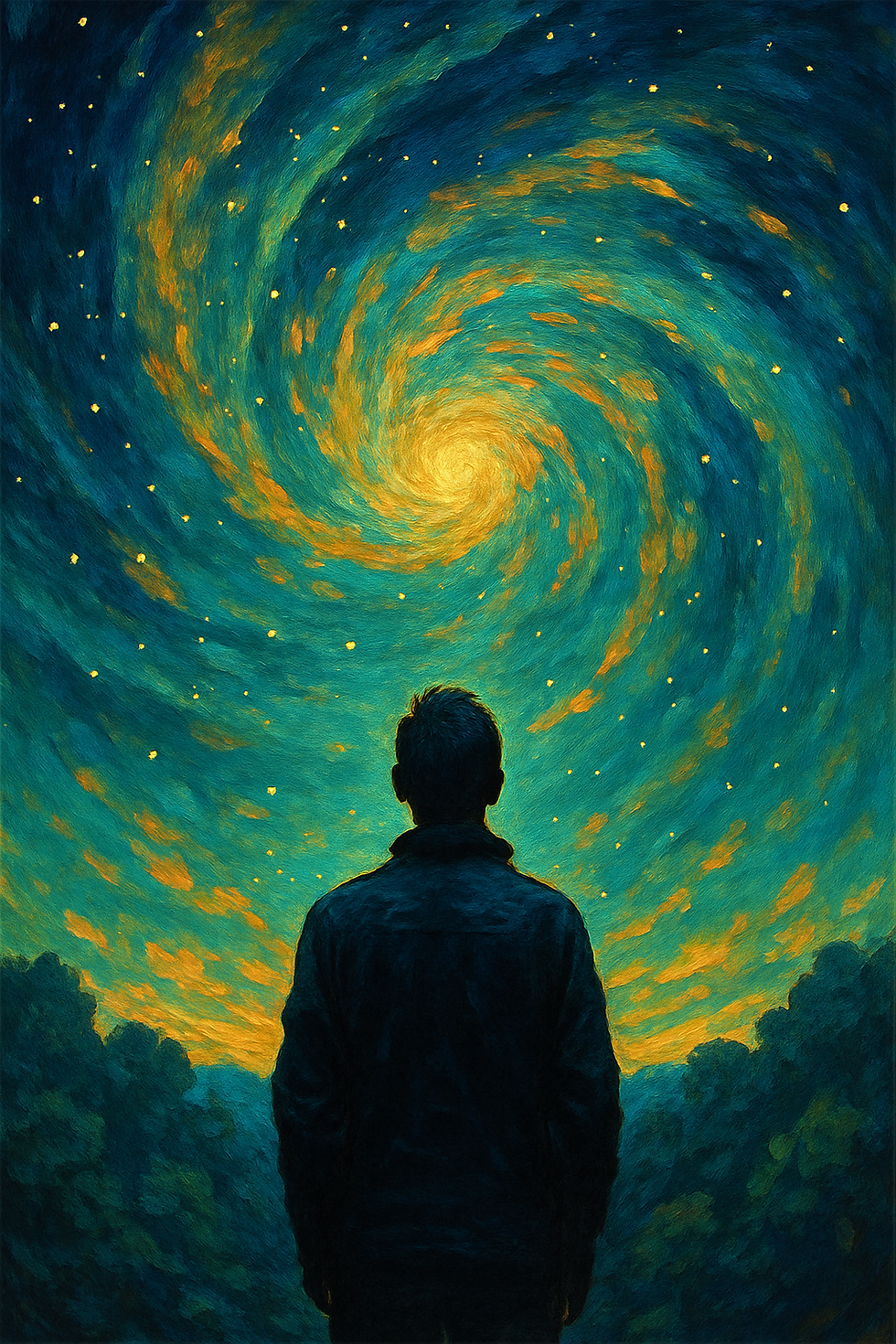 Silhouetted person gazes at a swirling blue and yellow starry sky, creating a dreamlike, contemplative mood.