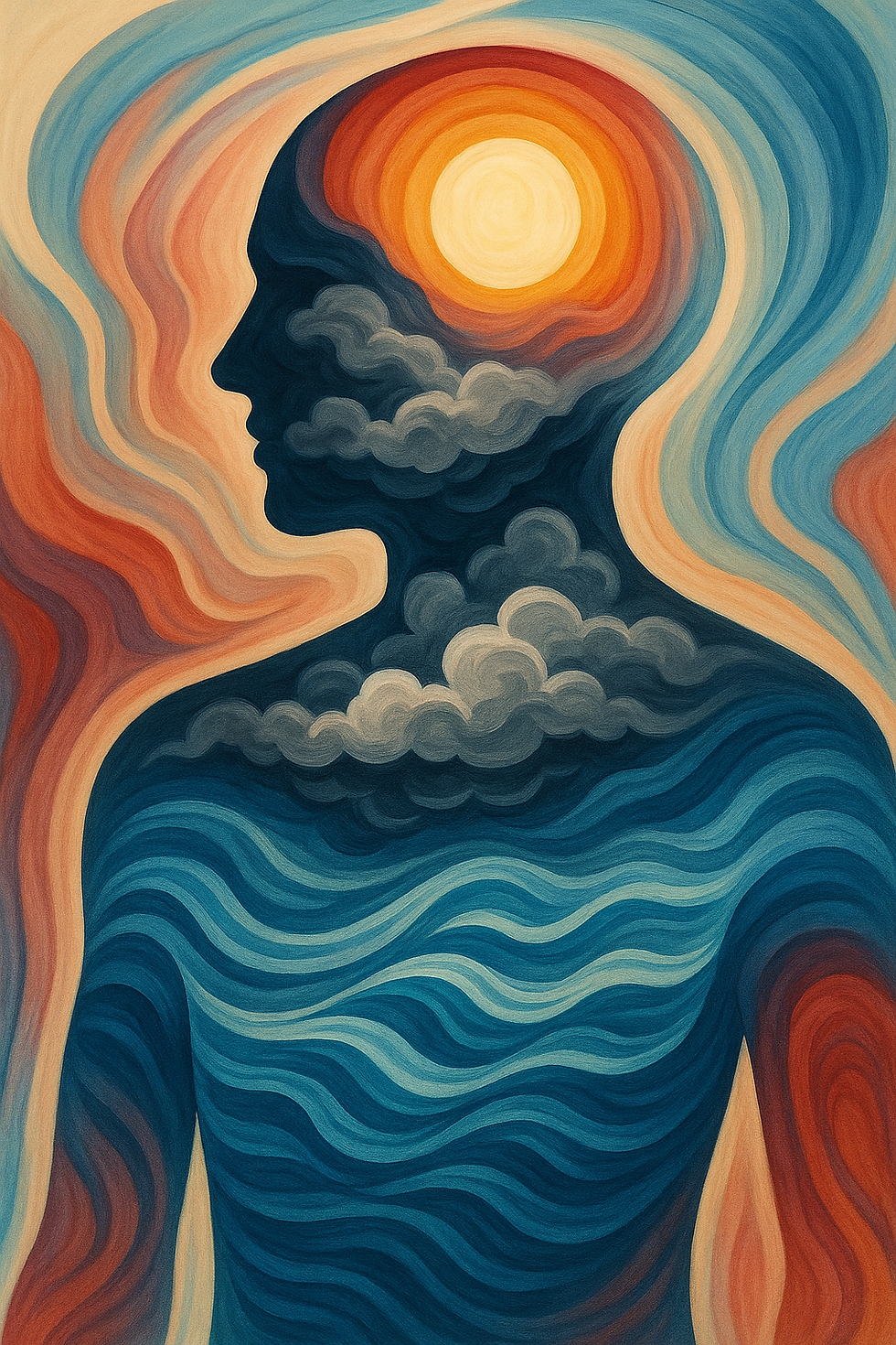 Artwork of a silhouette filled with blue waves and clouds. A sun is in the head area. Warm and cool colors blend, creating a serene mood.