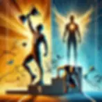 Athlete on podium with a trophy, wearing medal, vibrant orange and blue backdrop, dynamic lines and light convey triumph and growth. Other figures in the frame--one kneeling down and the other with gold wings coming out of his back.