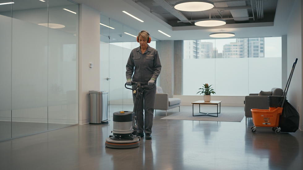 Eye-level view of a janitor using a floor polishing machine in a commercial office lobby