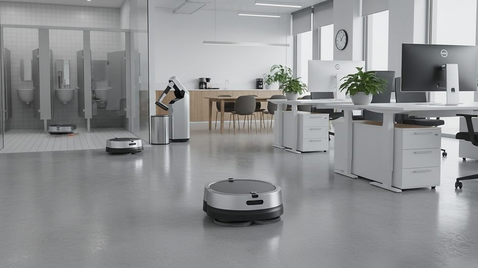 Eye-level view of a robotic floor cleaner operating in a modern office