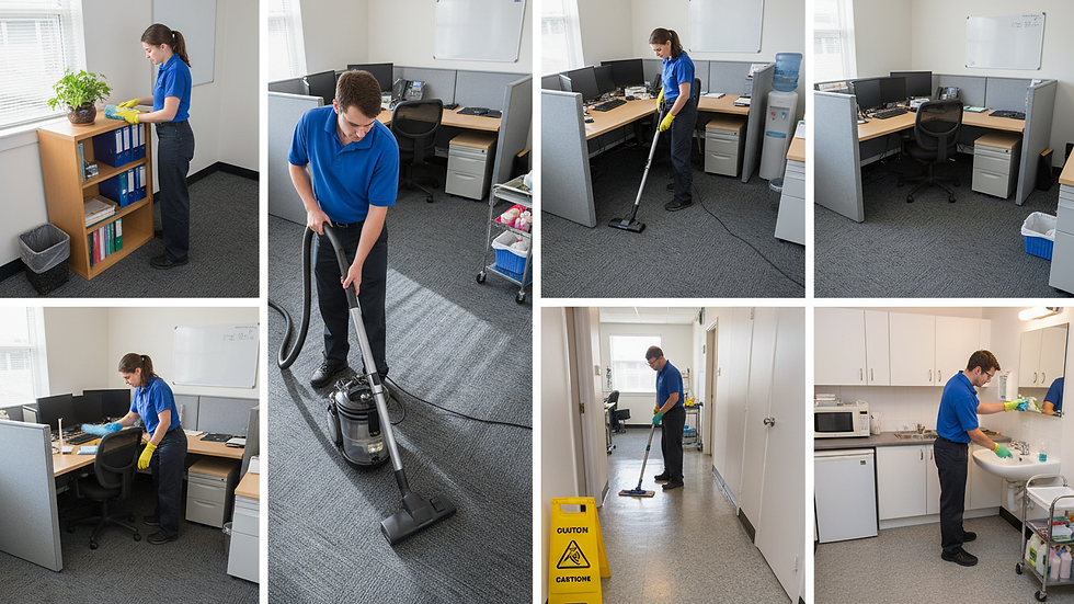 High angle view of a professional cleaner vacuuming an office carpet