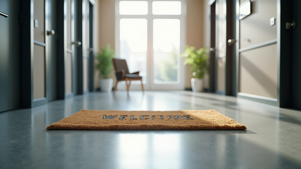 Close-up view of a clean office floor with a welcome mat at the entrance