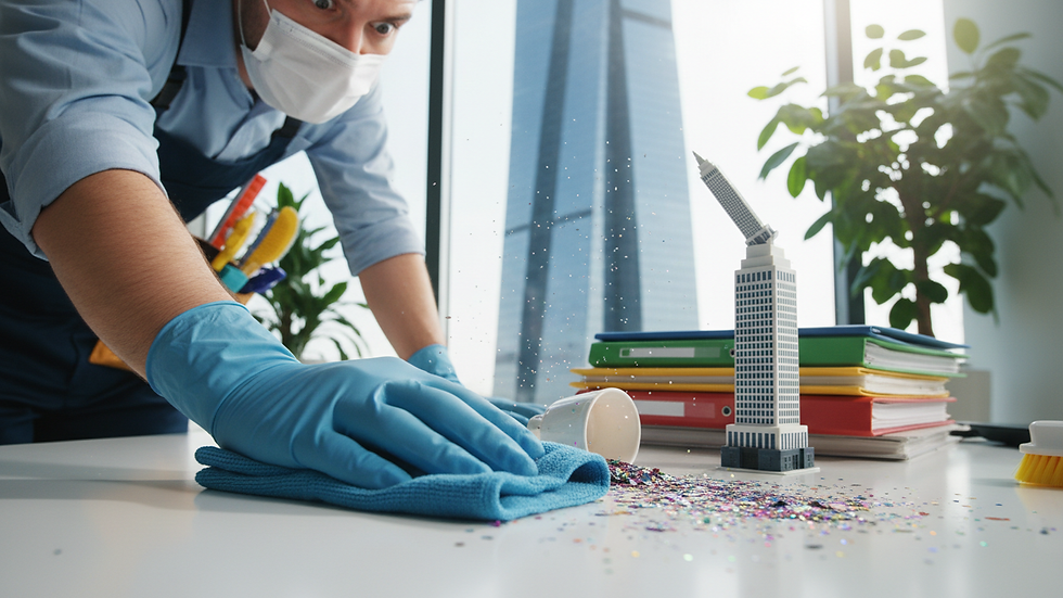 Close-up view of a professional cleaner using a microfiber cloth on an office desk