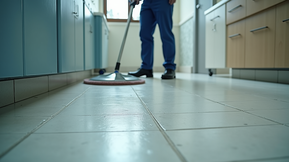 High angle view of a commercial cleaner polishing a tiled floor