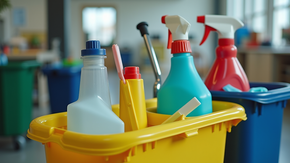 Close-up view of cleaning supplies and equipment on a janitor cart