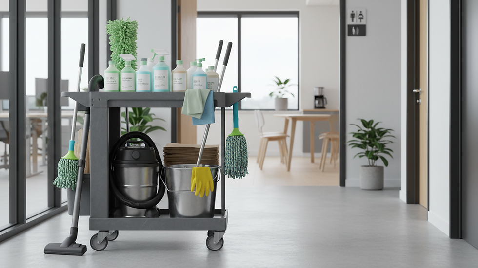Close-up view of cleaning equipment and eco-friendly products on a janitor cart