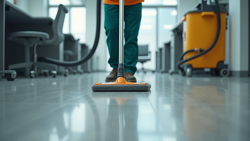 Eye-level view of a janitor vacuuming a modern office floor