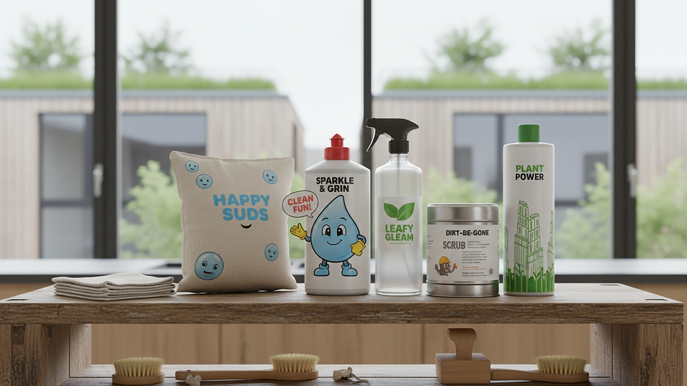 Close-up view of eco-friendly cleaning products arranged on a shelf