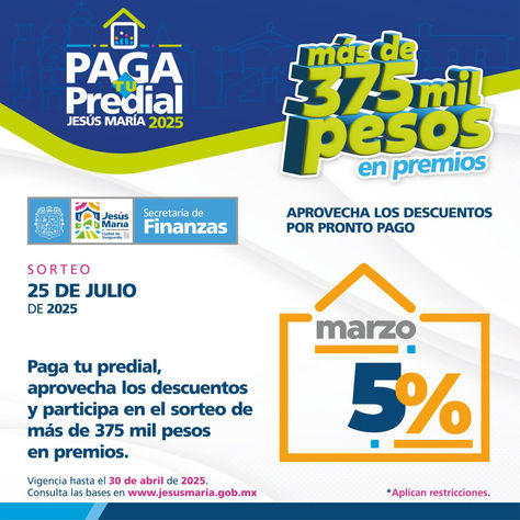 INVITA AYUNTAMIENTO DE JESÚS MARÍA A APROVECHAR DESCUENTO POR PAGO DEL PREDIAL EN EL MES DE MARZO.
