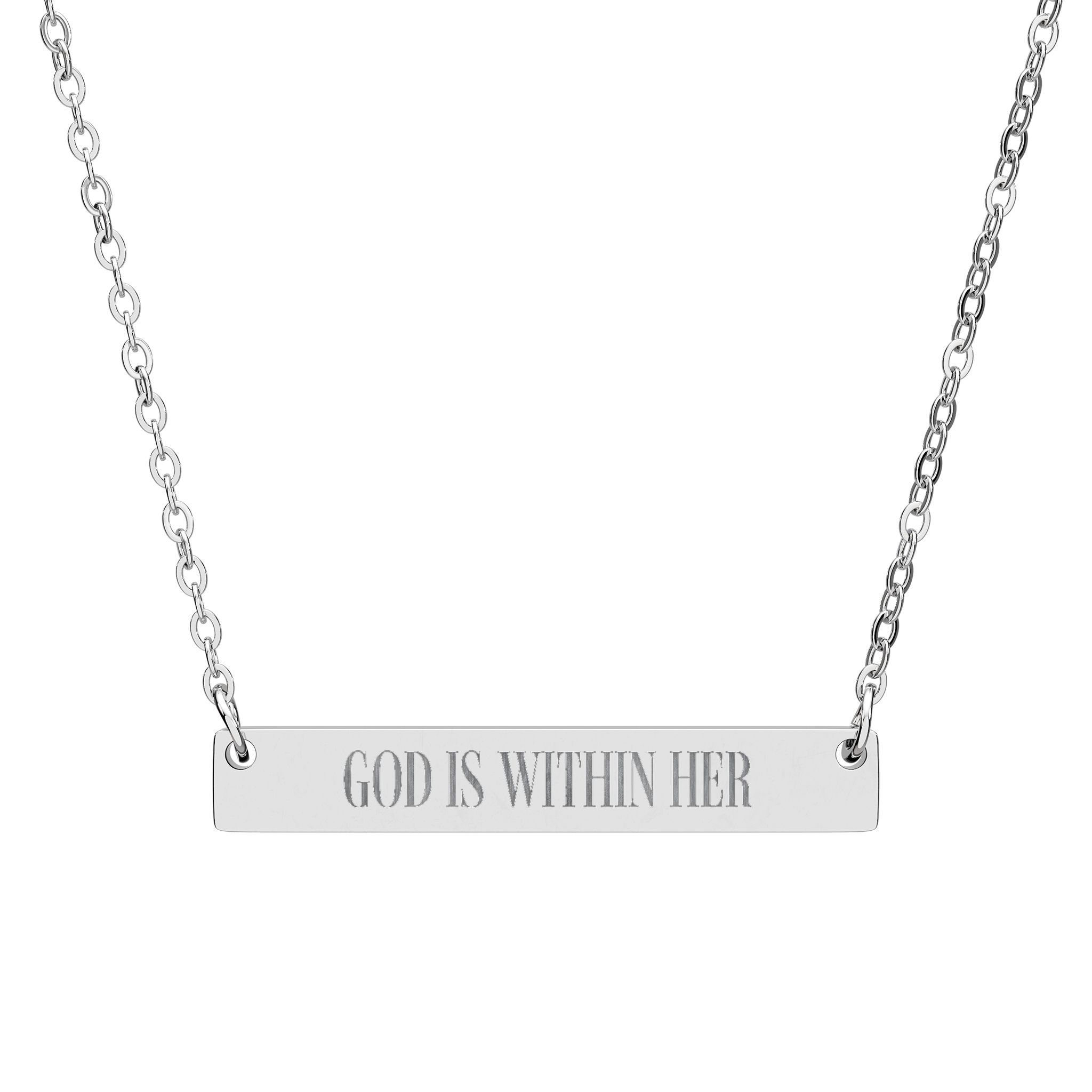 God Is Within Her horizontal bar necklace | engraved name plate necklace