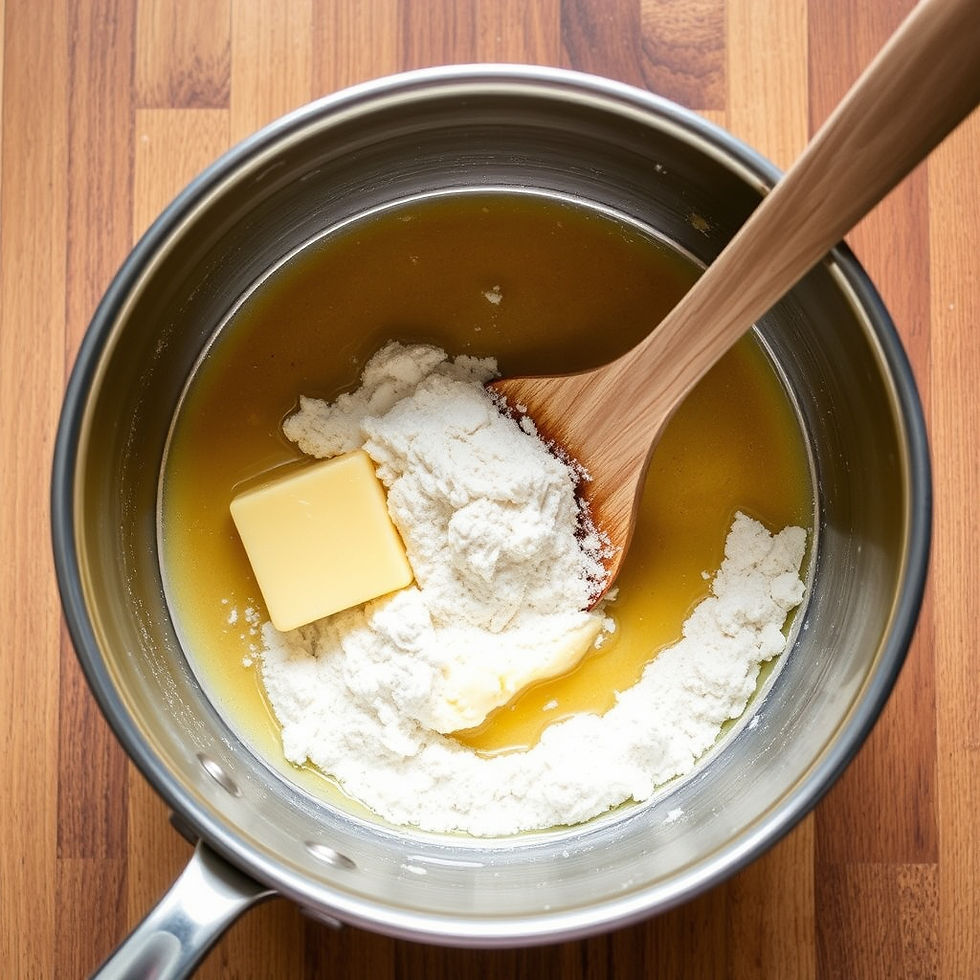 Top view of a saucepan on a wooden counter with melted butter, flour, and a wooden spoon ready for mixing.