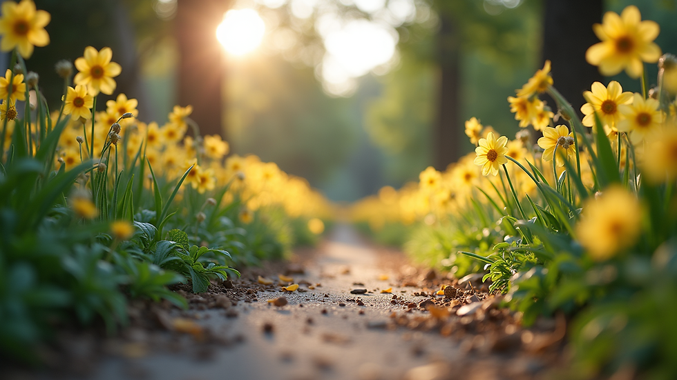 Eye-level view of a serene garden path surrounded by blooming flowers